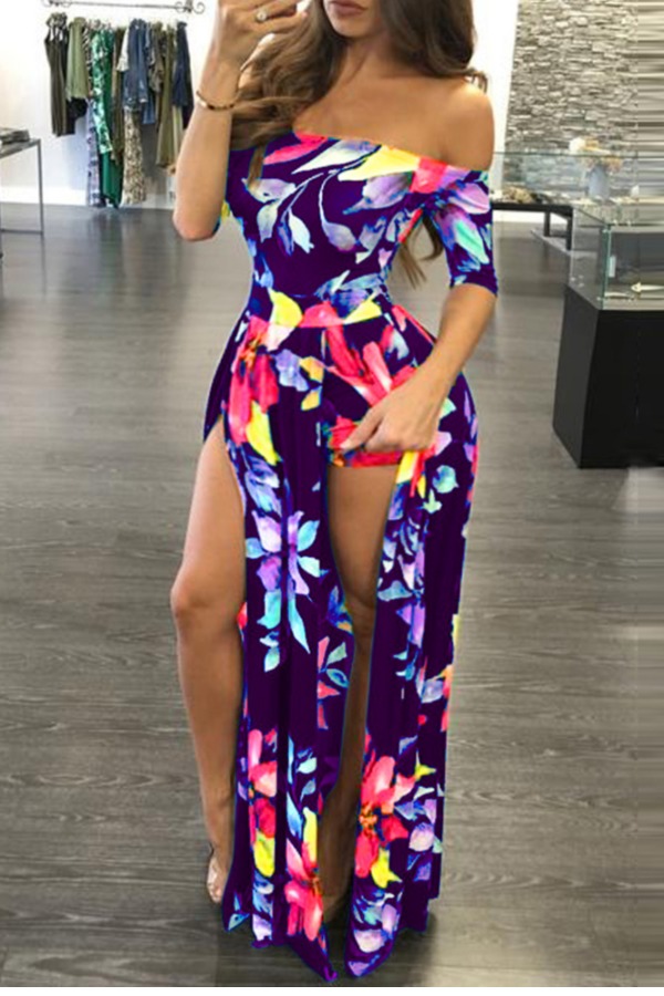 Lovely Stylish Plants Print Purple Maxi Plus Size Dress