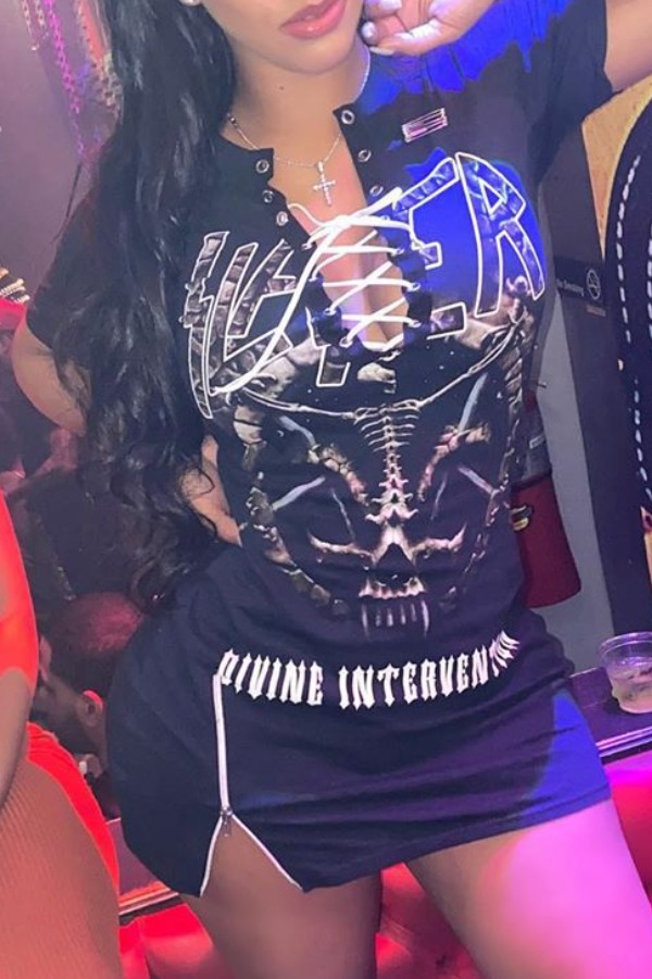 

Lovely Sexy Print Bandage Design Black Mini Dress