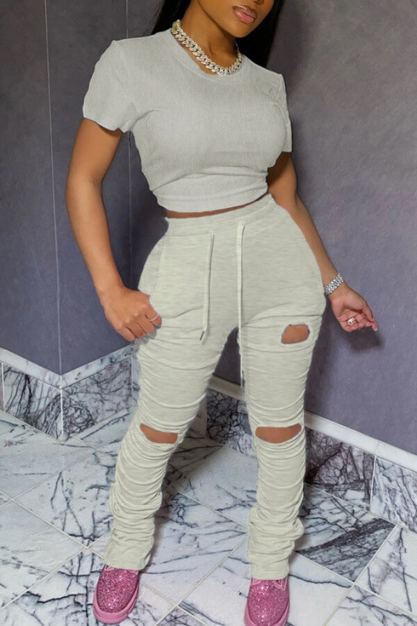 

Lovely Casual Hollow-out Beige Two-piece Pants Set