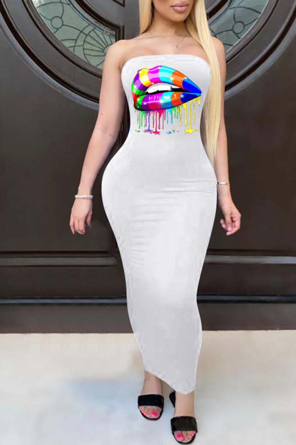 

Lovely Stylish Dew Shoulder Lip Print White Ankle Length Dress