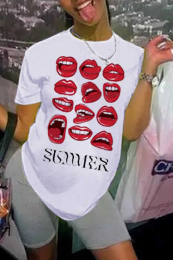 

lovely Casual O Neck Lip Print White T-shirt