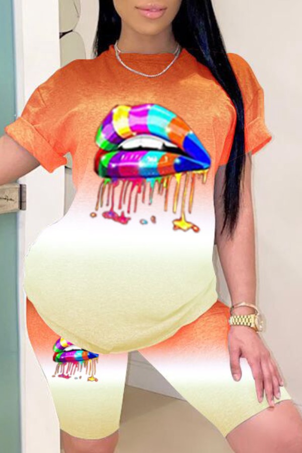 

lovely Leisure Lip Print Croci Plus Size Two-piece Shorts Set