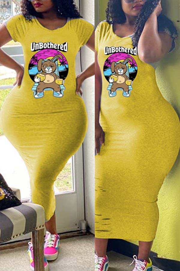 

lovely Stylish Cartoon Print Yellow Mid Calf Plus Size Dress