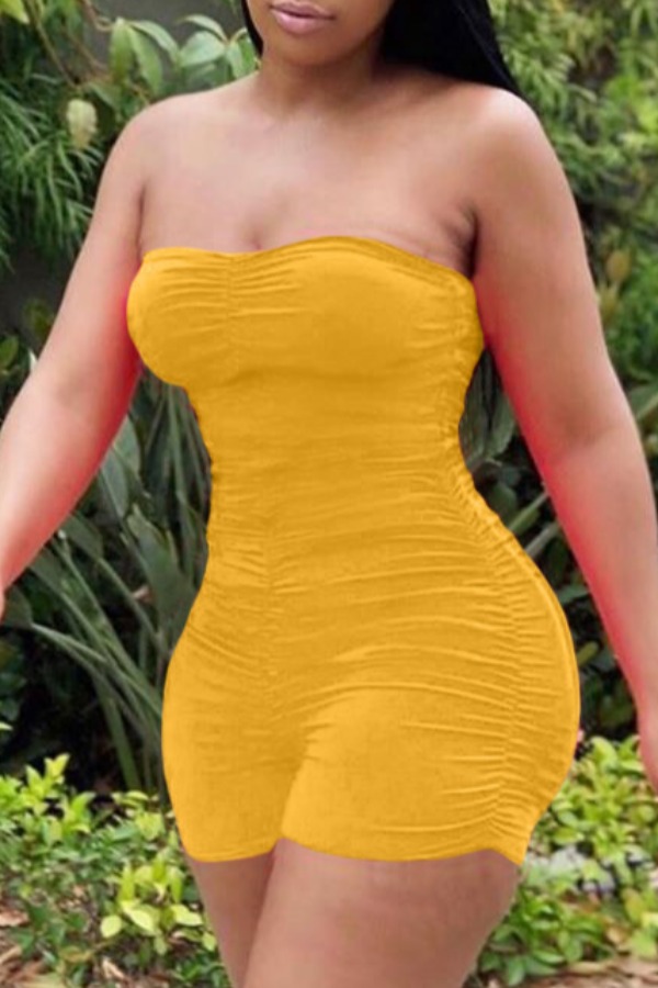 

lovely Sexy Dew Shoulder Fold Design Yellow One-piece Romper
