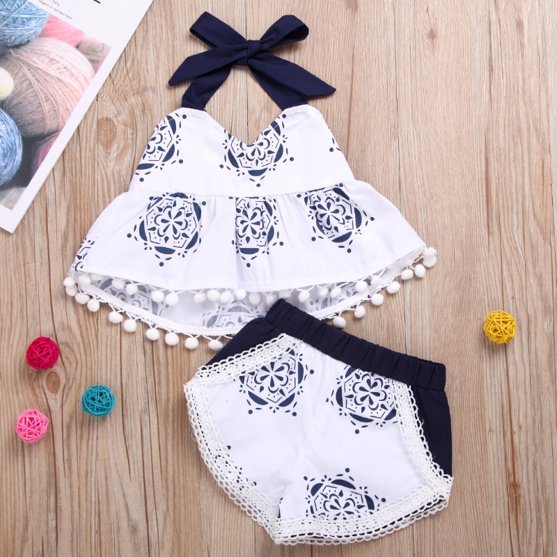 

lovely Bohemian Print White Girl Two-piece Shorts Set
