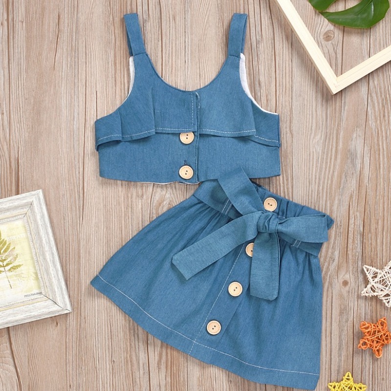 

lovely Sweet Buttons Design Blue Girl Two-piece Skirt Set