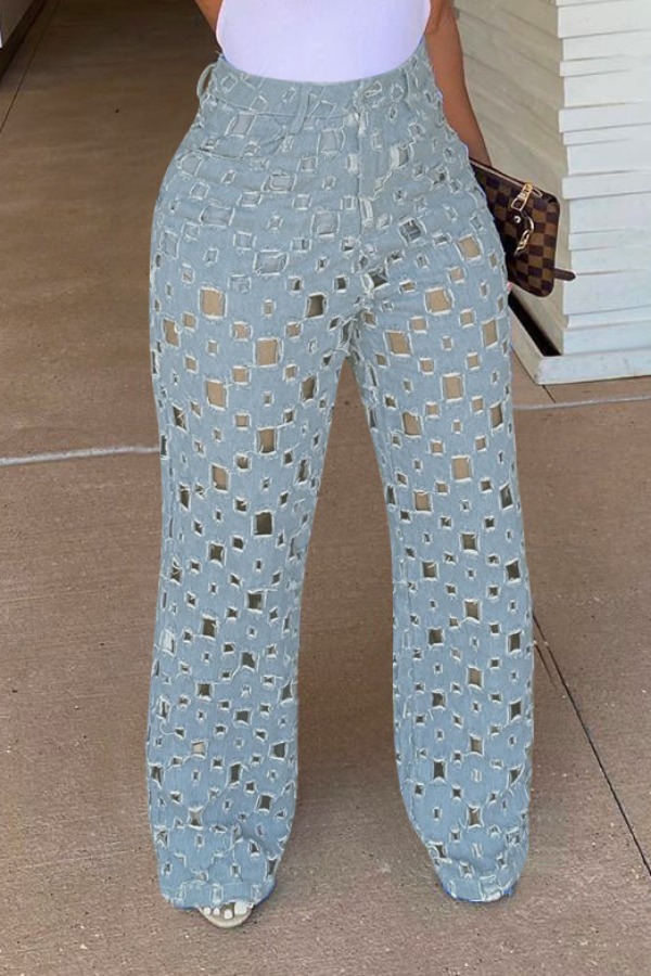 

Lovely Trendy Hollow-out Baby Blue Jeans