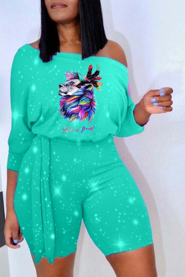 

lovely Leisure Print Acid Blue Plus Size Two-piece Shorts Set