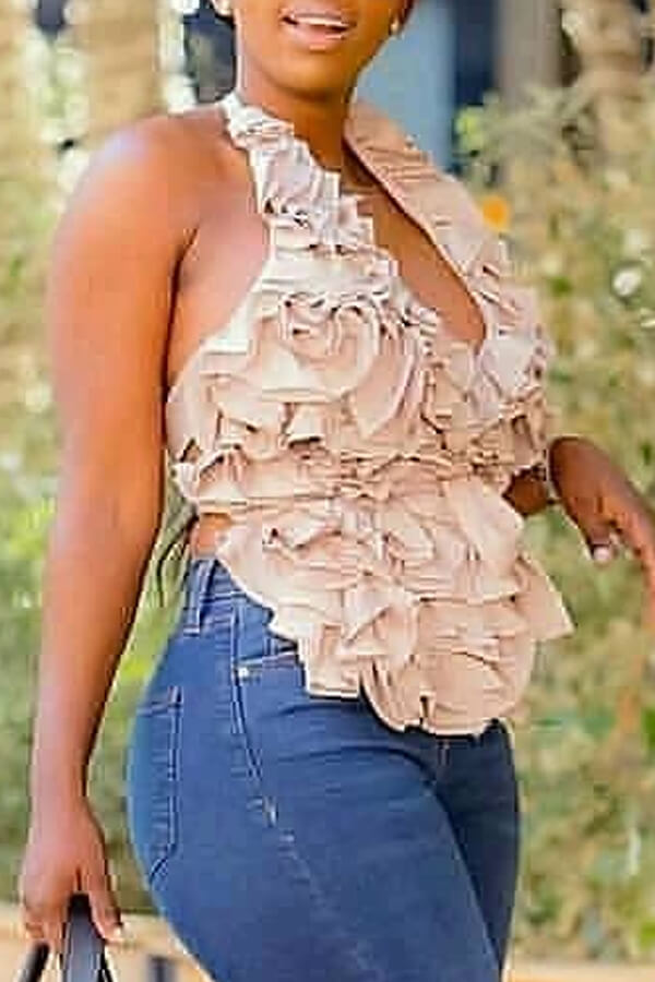 

Lovely Trendy Layered Cascading Ruffle Light Camel Blouse