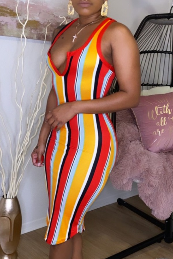 

Lovely Casual Striped Yellow Knee Length Dress
