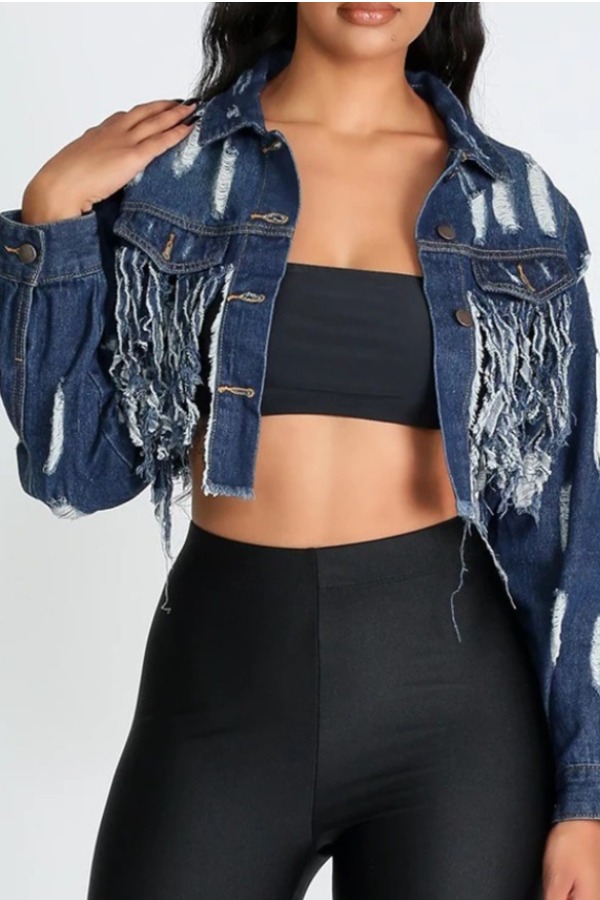 

lovely Trendy Tassel Design Deep Blue Jacket