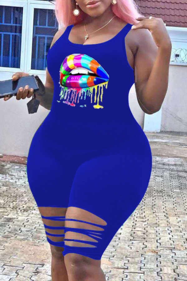 lovely Casual Lip Print Blue Plus Size&nbsp;One-piece Romper