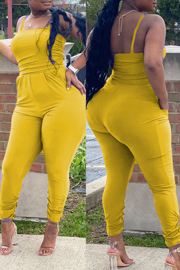 

lovely Sexy Pocket Patched Yellow Plus Size One-piece Jumpsuit