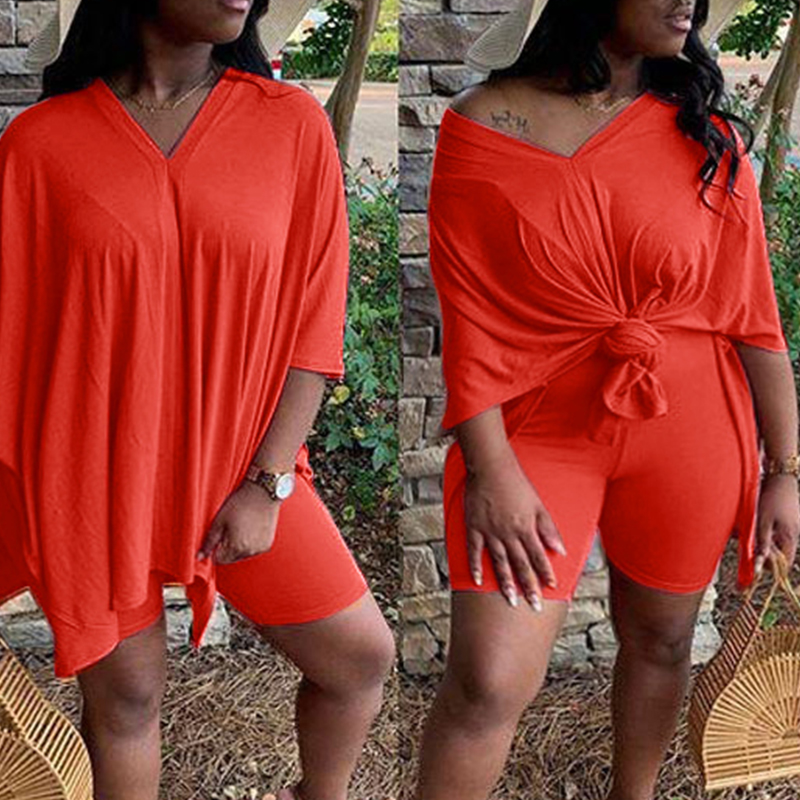 

lovely Leisure V Neck Basic Watermelon Red Plus Size Two-piece Shorts Set