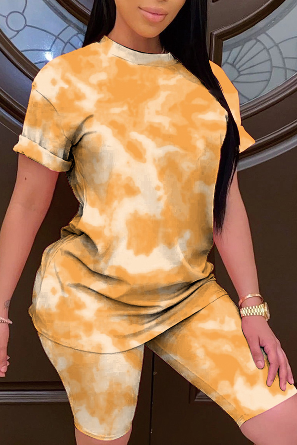 

lovely Leisure O Neck Tie-dye Yellow Two-piece Shorts Set