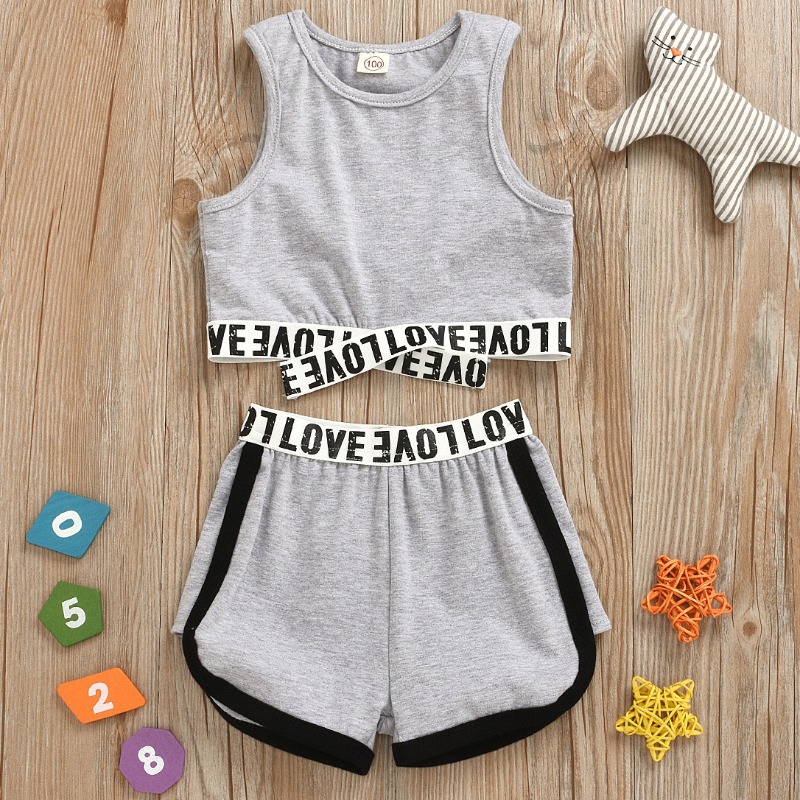 

lovely Sportswear Letter Patchwork Grey Girl Two-piece Shorts Set