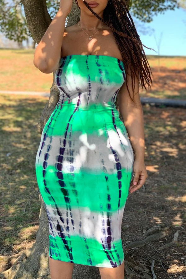 

lovely Bohemian Tie-dye Green Knee Length Dress