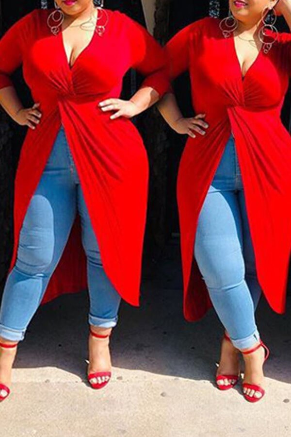

Lovely Plus Size Trendy Deep V Neck Fold Design Red Blouse