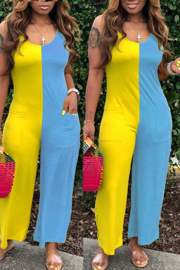 

lovely Leisure Patchwork Yellow One-piece Jumpsuit