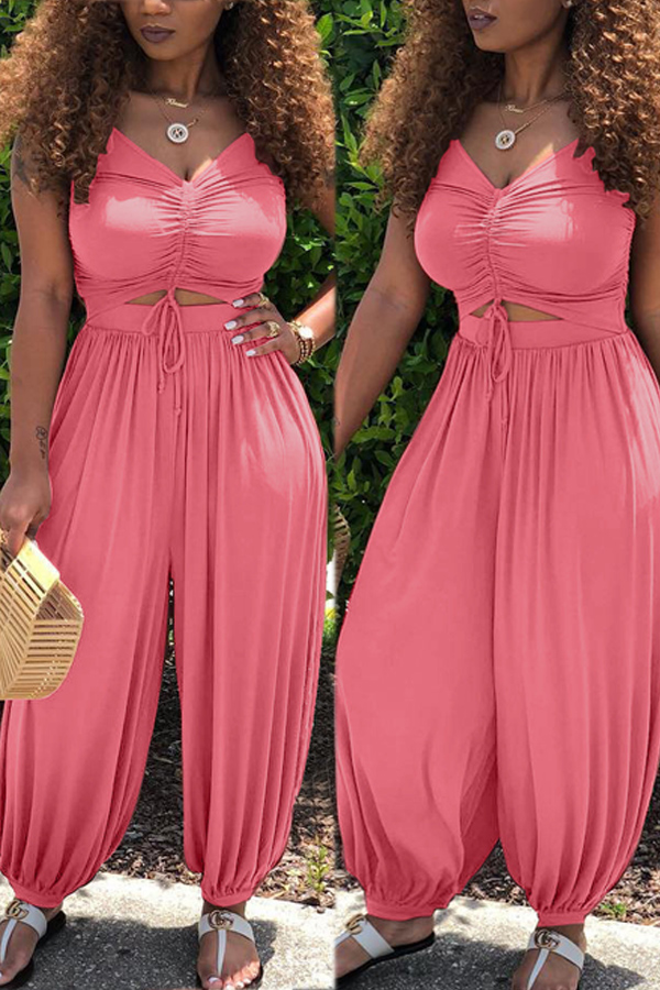 

lovely Leisure Hollow-out Pink One-piece Jumpsuit