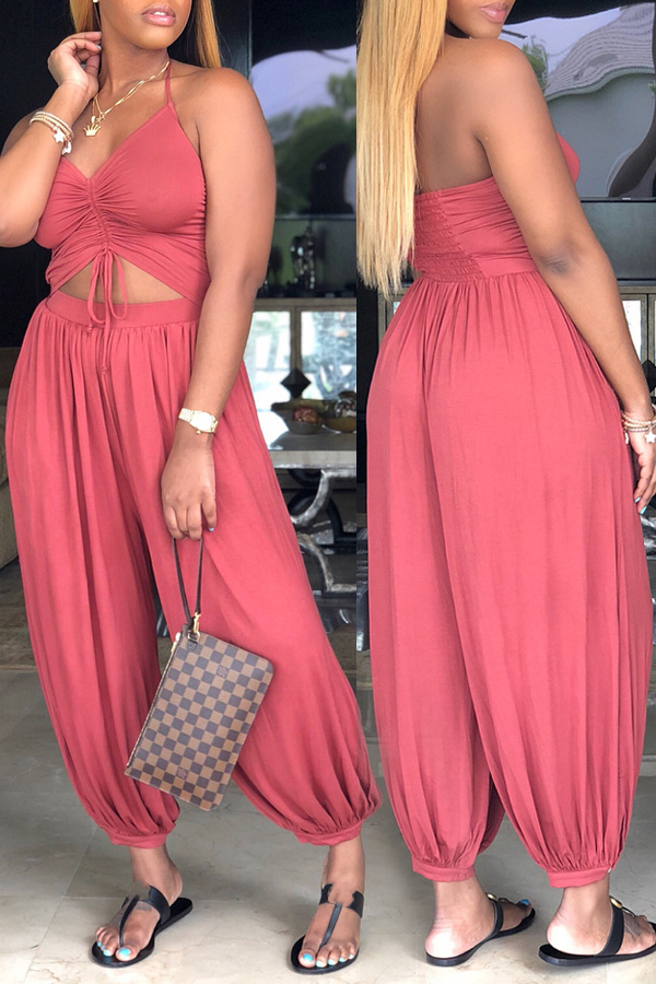 

lovely Leisure Hollow-out Pink Plus Size One-piece Jumpsuit