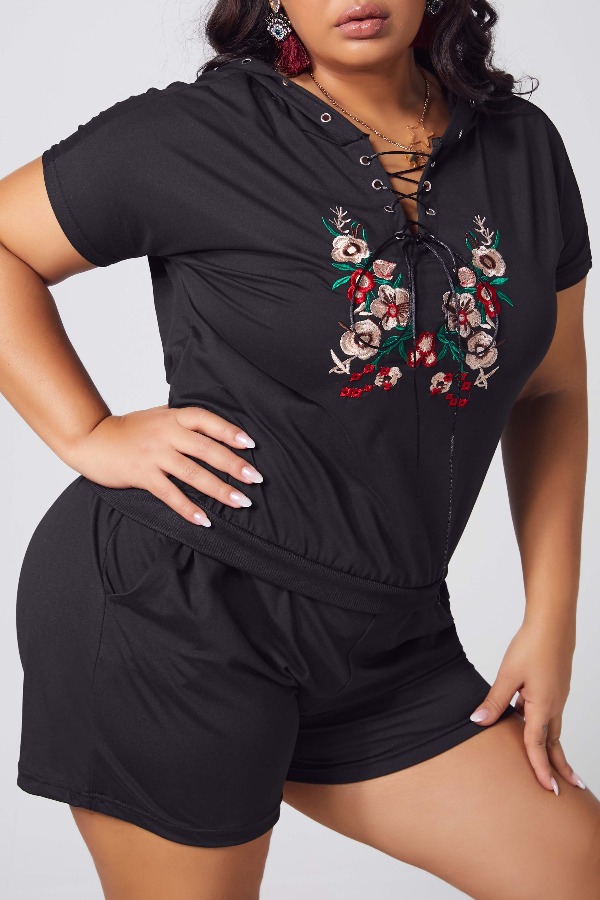 

lovely Leisure Bandage Design Black Plus Size Two-piece Shorts Set