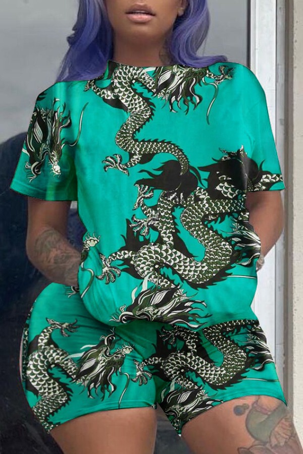 

lovely Casual O Neck Print Green Plus Size Two-piece Shorts Set