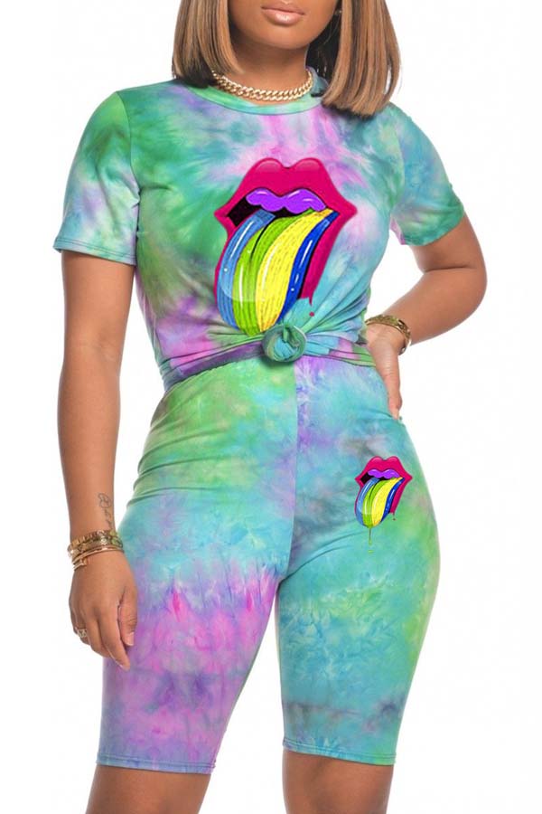 

lovely Casual Lip Print Green Two-piece Shorts Set