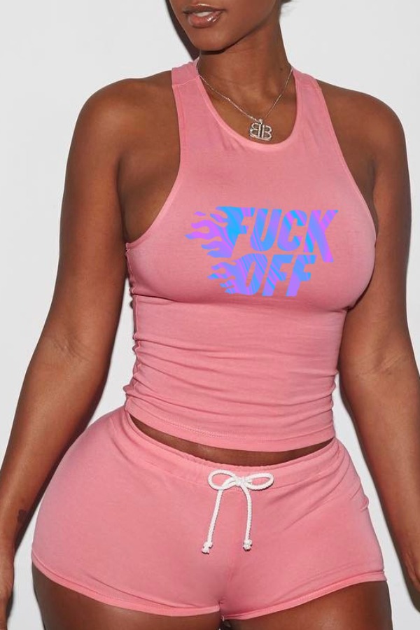 

lovely Sportswear Letter Print Pink Two-piece Shorts Set