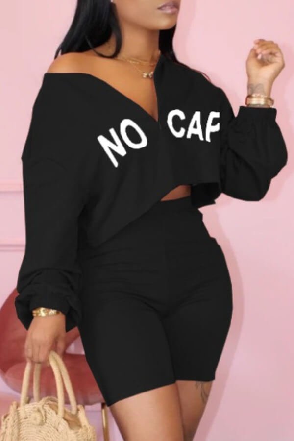 

Lovely Sportswear Letter Zipper Design Black Two-piece Shorts Set