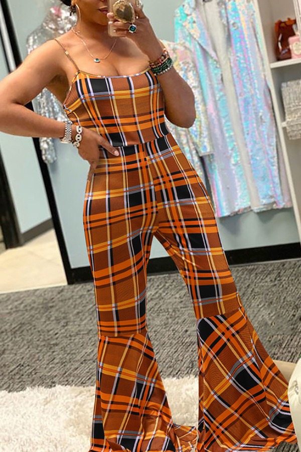 

lovely Stylish Grid Print Orange One-piece Jumpsuit