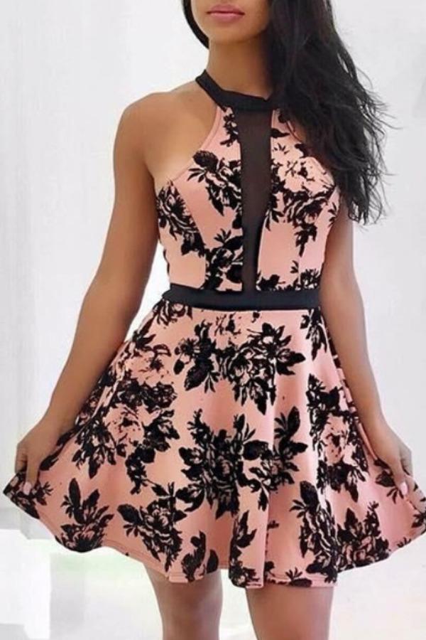 

lovely Stylish Plants Print Pink Knee Length Dress