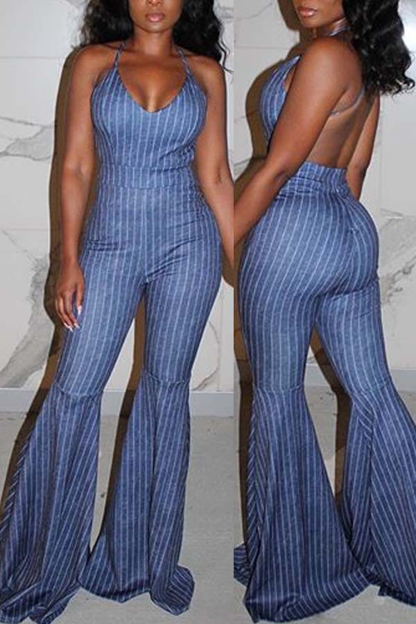 

lovely Sexy Striped Deep Blue One-piece Jumpsuit