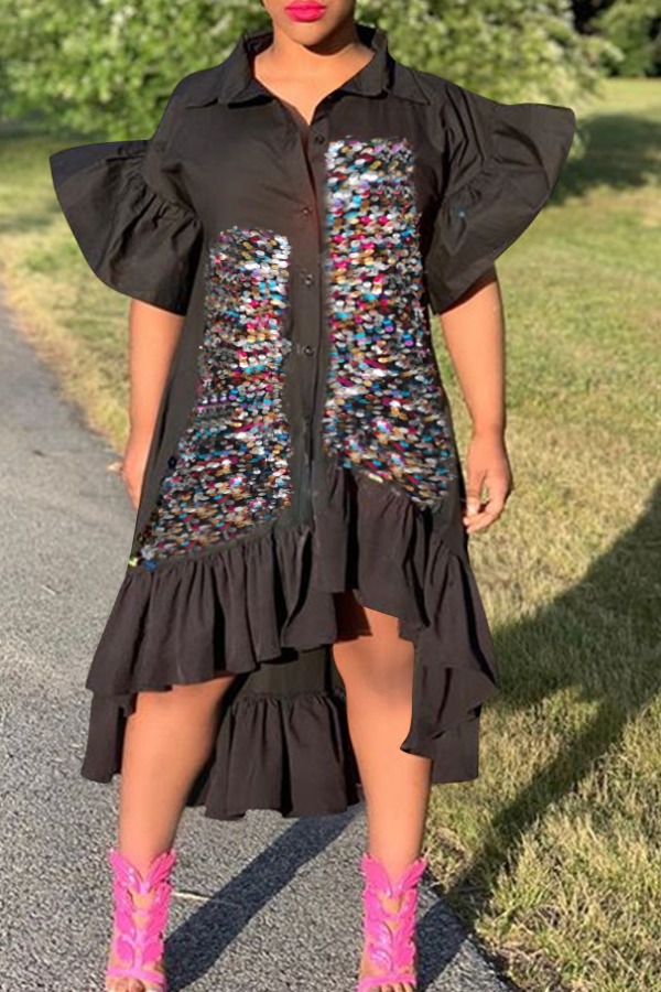 

lovely Sweet Sequin stitching Flounce Design Black Mid Calf Dress