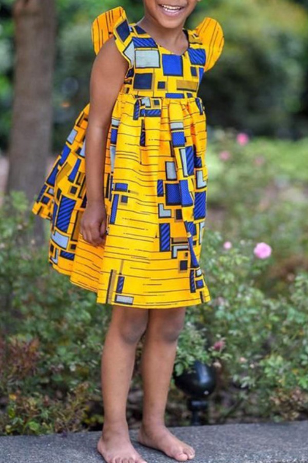 

lovely Bohemian Print Yellow Girl Knee Length Dress