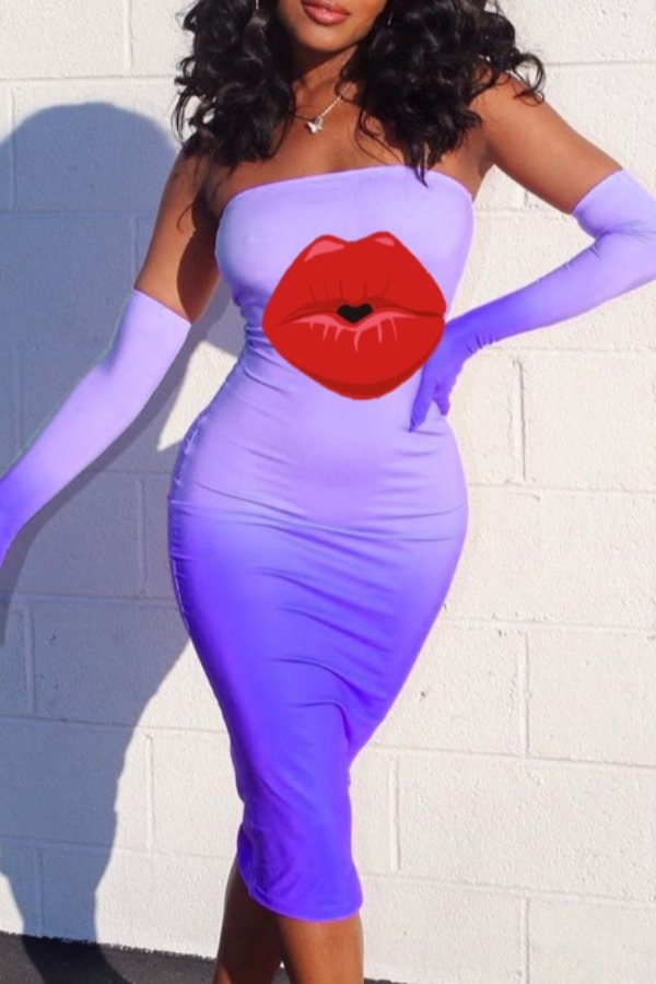 

lovely Trendy Lip Print Purple Mid Calf Dress(Without Gloves