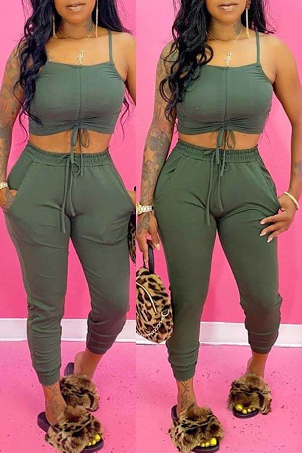 LW BASICS Sexy Lace-up Army Green Two-piece Pants Set