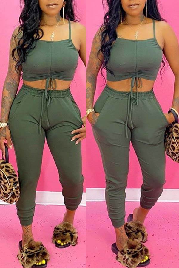 

LW Sexy Lace-up Army Green Two-piece Pants Set