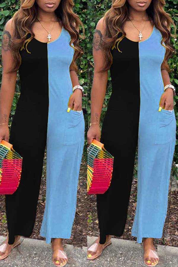 

lovely Leisure Patchwork Blue Plus Size One-piece Jumpsuit