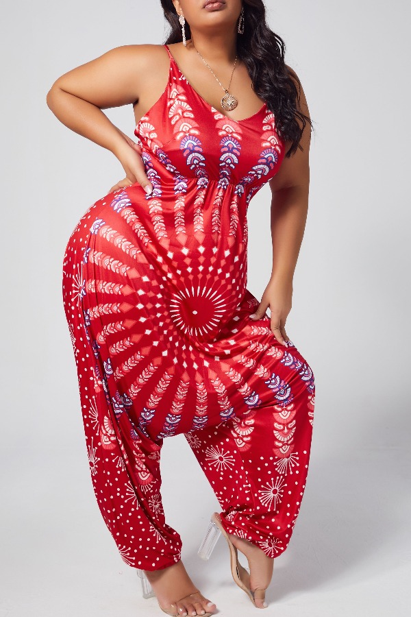 

lovely Ethnic Print Red Plus Size One-piece Jumpsuit