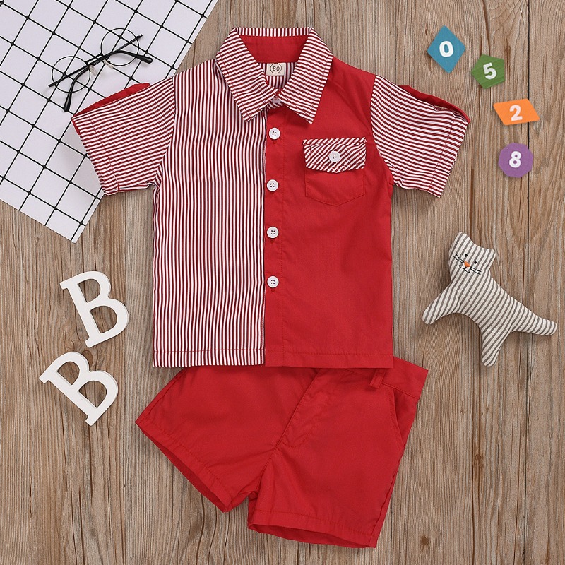 

lovely Casual Striped Patchwork Red Boy Two-piece Shorts Set
