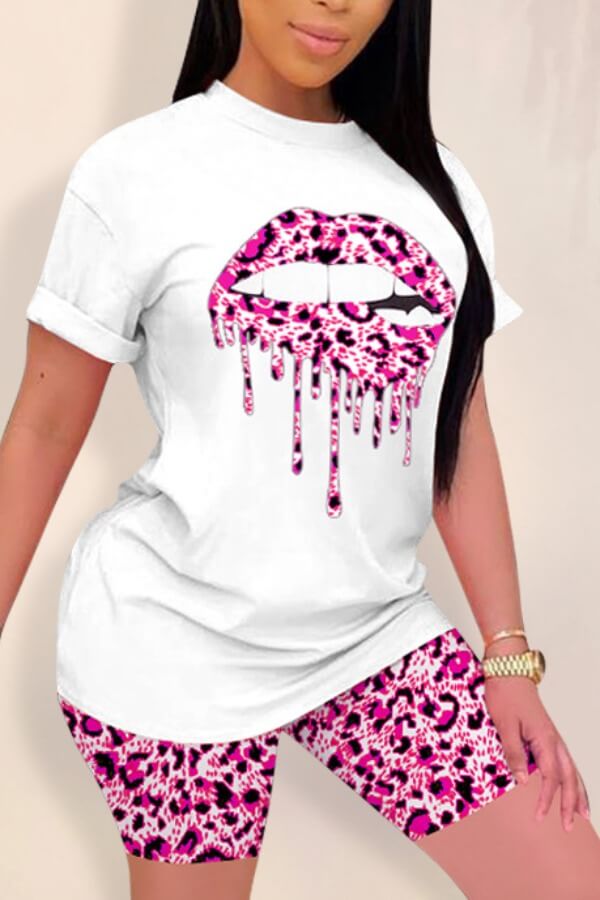 

Lovely Leisure Lip Print Rose Red Two-piece Shorts Set
