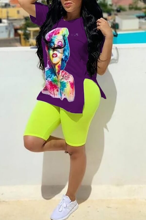 

LW Casual O Neck Print Purple Two-piece Shorts Set