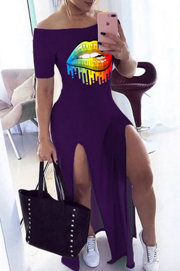 LW Casual Lip Print Purple Maxi Dress
