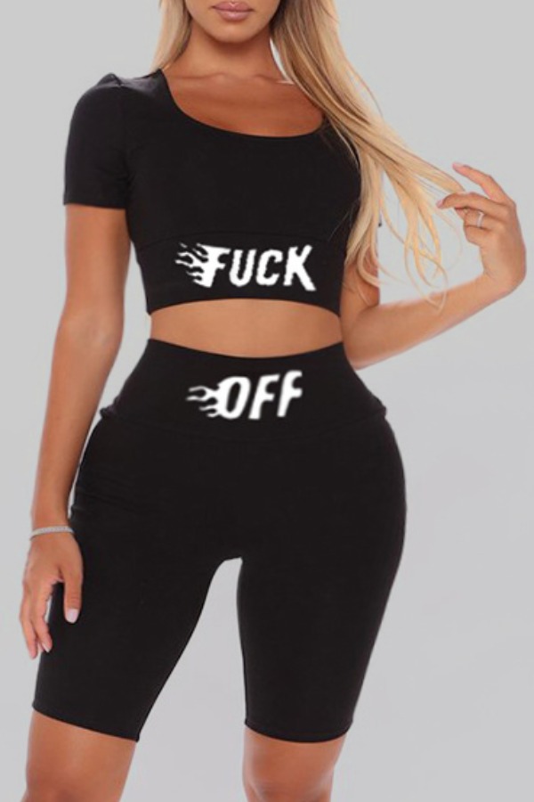

lovely Casual Letter Black Plus Size Two-piece Shorts Set