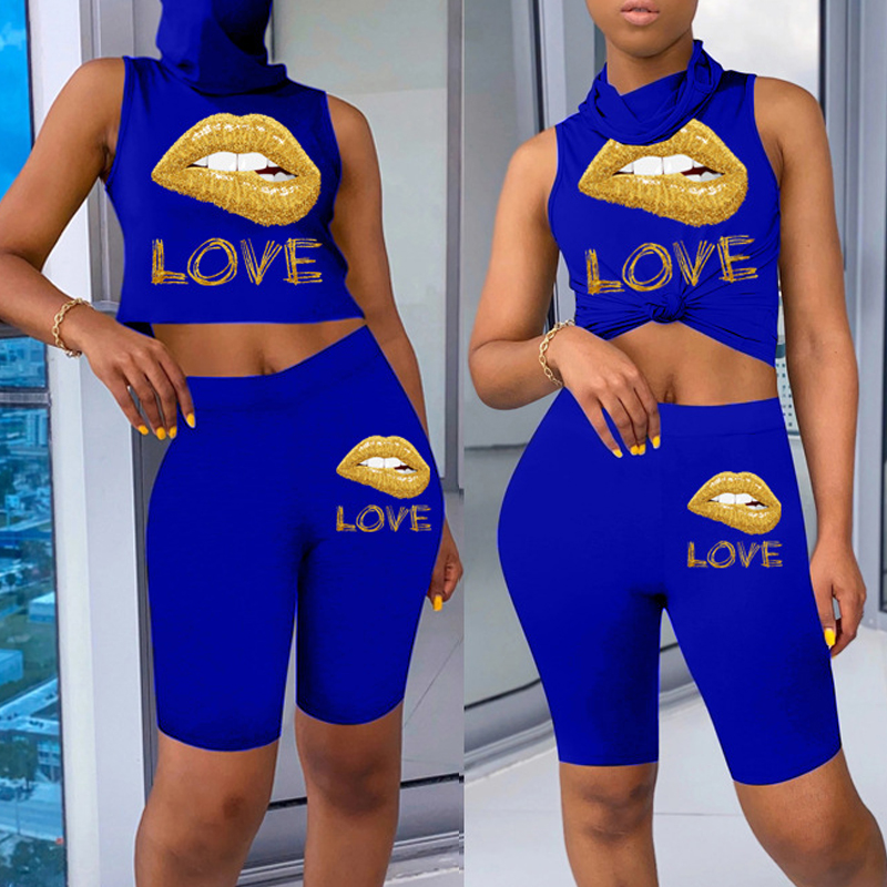 

lovely Sportswear Lip Print Blue Plus Size Two-piece Shorts Set