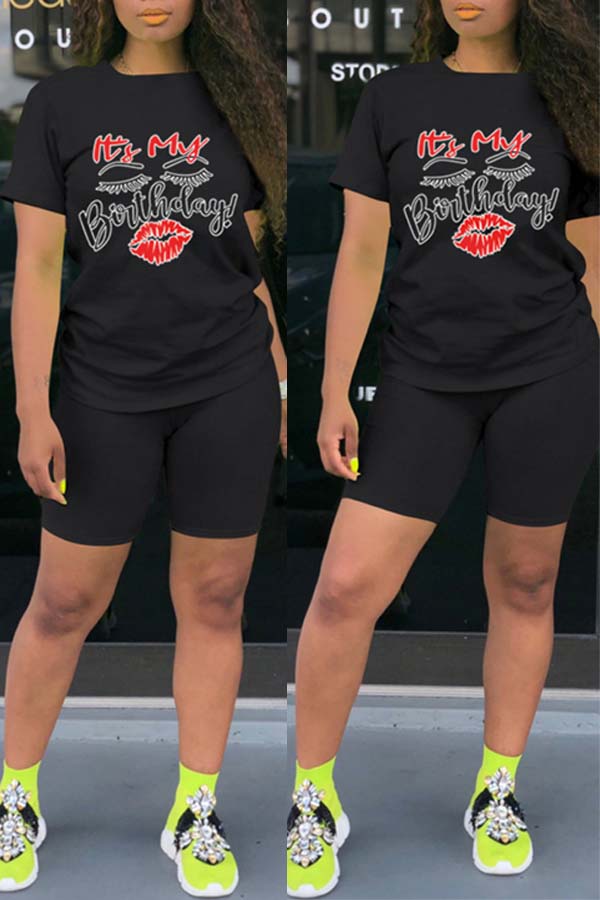 

lovely Casual Print Black Two-piece Shorts Set