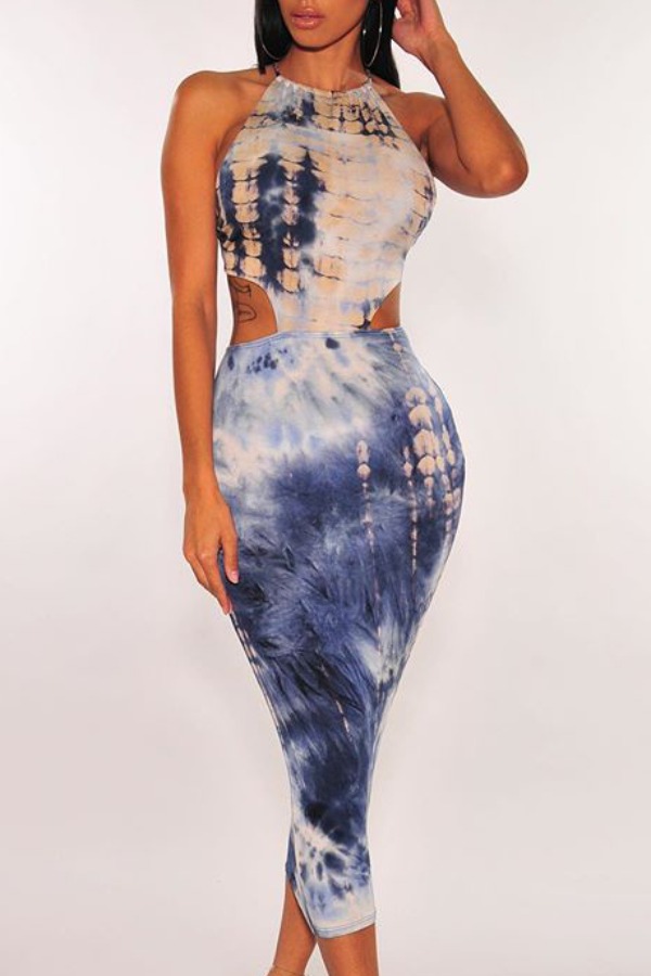 

lovely Leisure Tie-dye Blue Mid Calf Dress