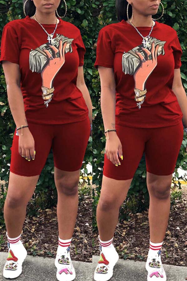 

lovely Casual O Neck Print Wine Red Two-piece Shorts Set
