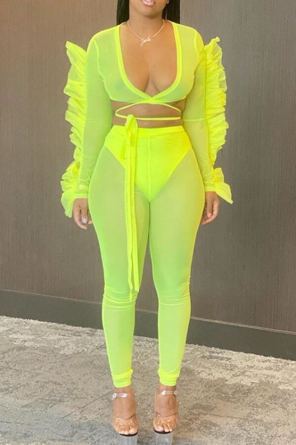 

Lovely Trendy Lace-up Green Two-piece Pants Set
